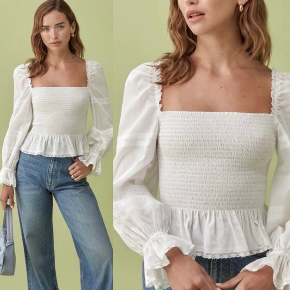 Reformation Roland Smocked Blouse Top White Size Small